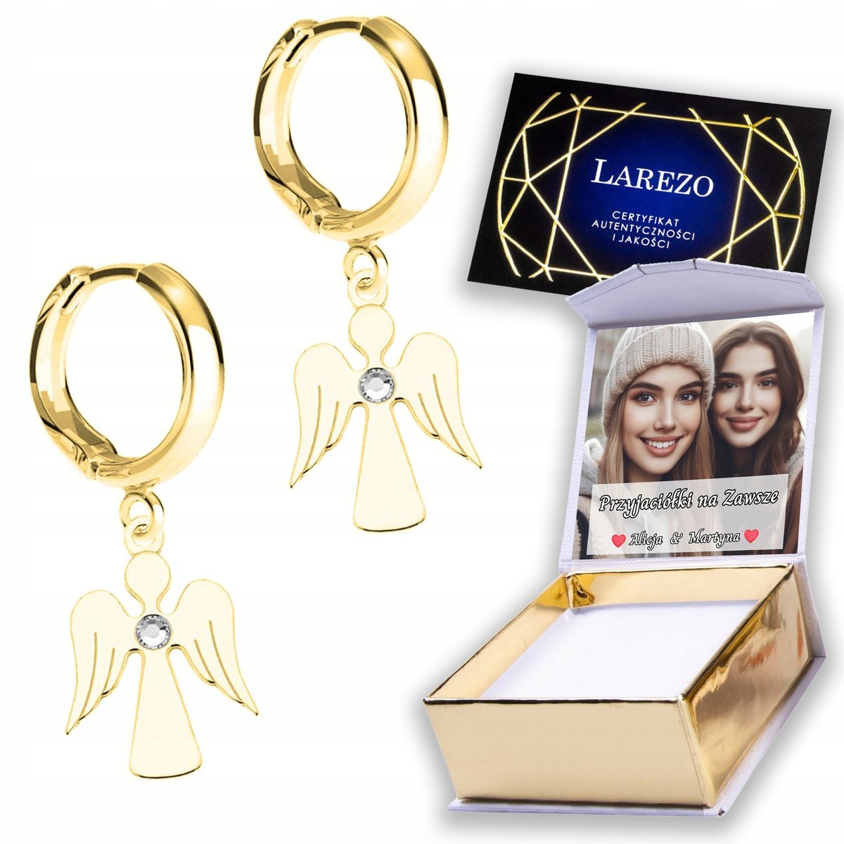 Złote Kolczyki 925 Aniołki Anioły Stróże z Cyrkonią Kryształy NADRUK