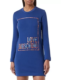Sukienki - Love Moschino Damska sukienka o regularnym kroju z wyciętym logo z błyszczącym nadrukiem, niebieski, 40 - grafika 1