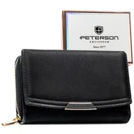 Portfele - Czarny portfel damski PETERSON klasyczny mały na zatrzask i suwak karty gotówka RFID STOP elegancki - miniaturka - grafika 1