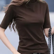 Bluzki damskie - TEMU Kobiecy Elegancki Brązowy Sweter z Wysokim Kołnierzem - Krótki Rękaw, Elastyczna Mieszanka, Casualowy Styl Wiosenno-Letni, Idealny na Codzienne - miniaturka - grafika 1