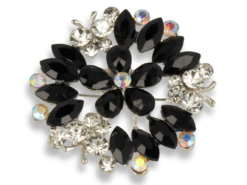 Broszka Damska Srebrna Z Czarnym Kwiatem I Motylkami
