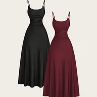 Sukienki - TEMU 2 szt. Damskie jednokolorowe spódnice maxi z marszczonymi , letni modny elegancki design, bez rękawów, długość do kostek, styl slip dla - miniaturka - grafika 1