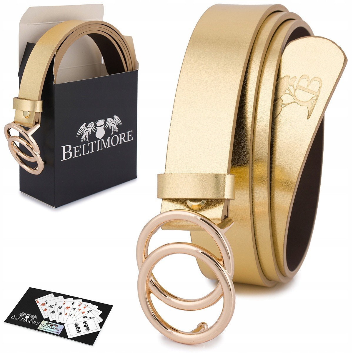 Skórzany pasek damski do spodni sukienki koła klasyczny złoty Beltimore B06 granatowy r.110-125 cm