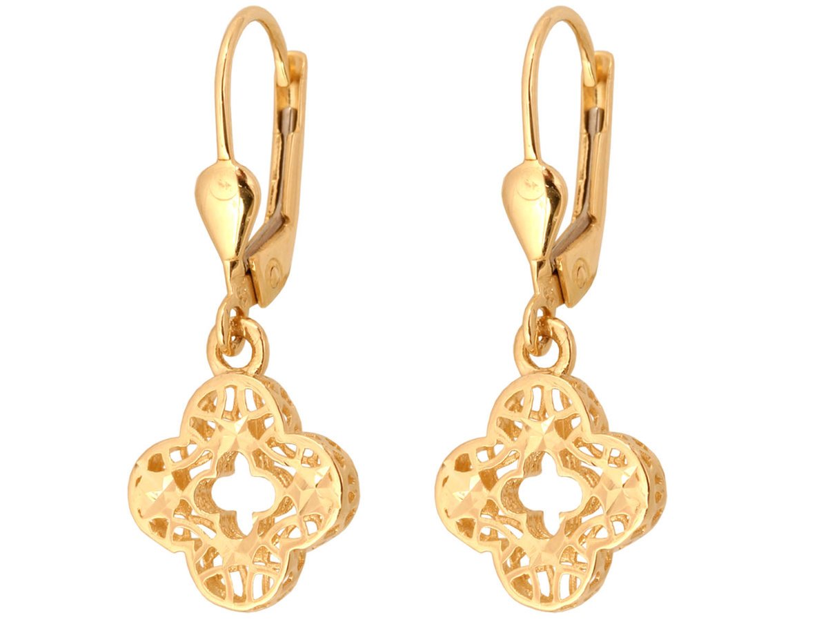 Złote wiszące kolczyki 585 z przestrzenną,ażurową koniczynką.