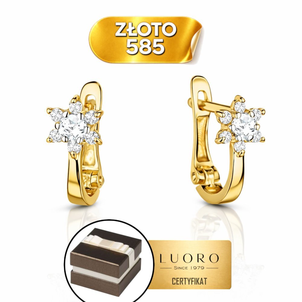 KOLCZYKI ZŁOTE 585 14K KWIATUSZKI Z CYRKONIAMI ANGIELSKIE ZAPIĘCIE 1 CM