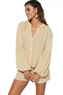 Koszule damskie - Trendyol Damska koszula damska, jednokolorowa, tkana, dwuczęściowy zestaw, BEŻOWY, 38 - miniaturka - grafika 1