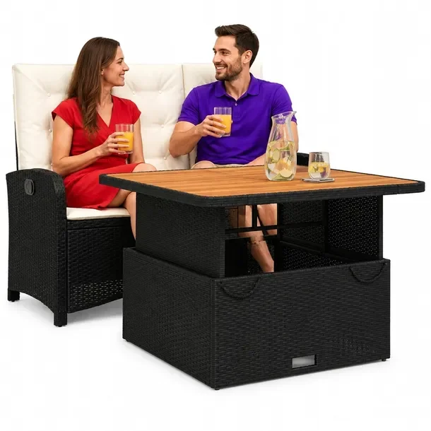 Zestaw mebli ogrodowych czarny rattan PE, stół 110x110x40/71 cm, ławka 1