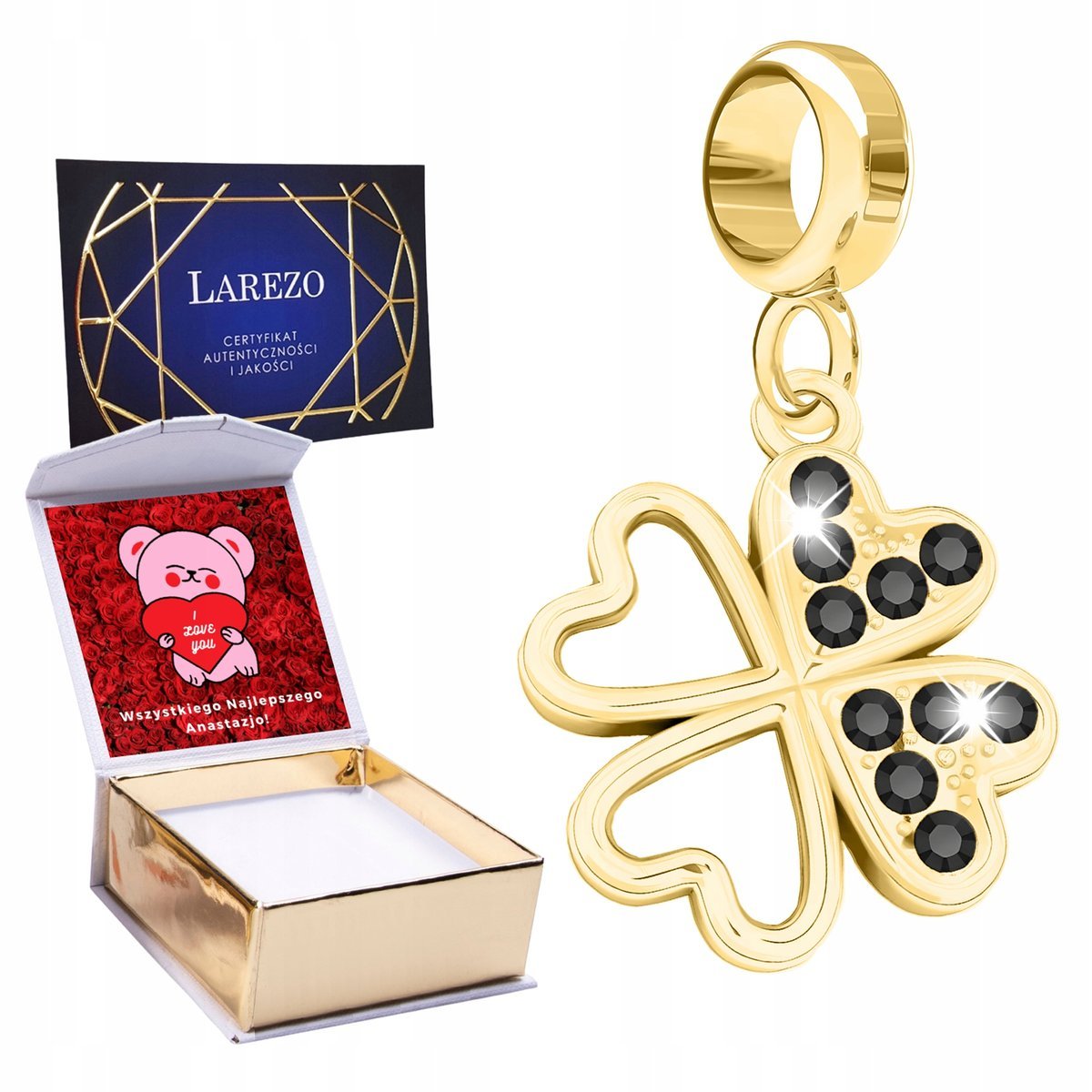 CHARMS ZŁOTY Wiszący z Czterolistna Koniczyna na Szczęście Roślina NADRUK