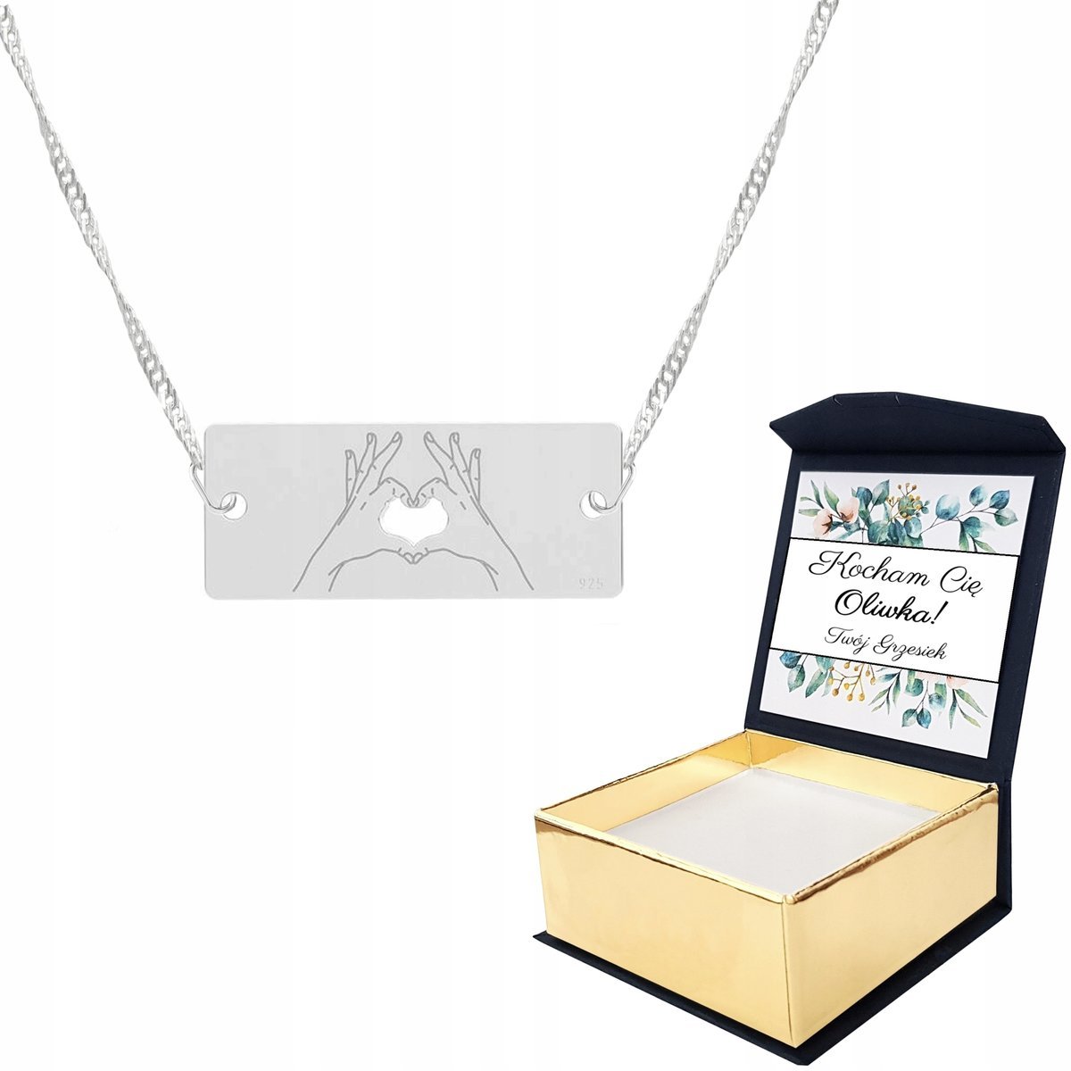 Naszyjnik srebrny Serce z Dłoni + WŁASNY NADRUK