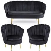 Fotele - Zestaw Glamour: sofa + 2 fotele muszelki ELIF czarny welur, złote nogi - miniaturka - grafika 1