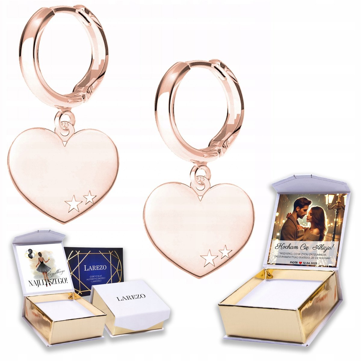 Kolczyki Pozłacane 925 Blaszka z Sercem Serduszkiem Serduszka Bigle NADRUK