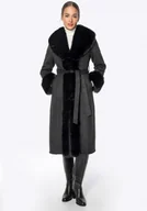 Płaszcze damskie - Płaszcz damski z obszyciem ze sztucznego futra czarny - miniaturka - grafika 1