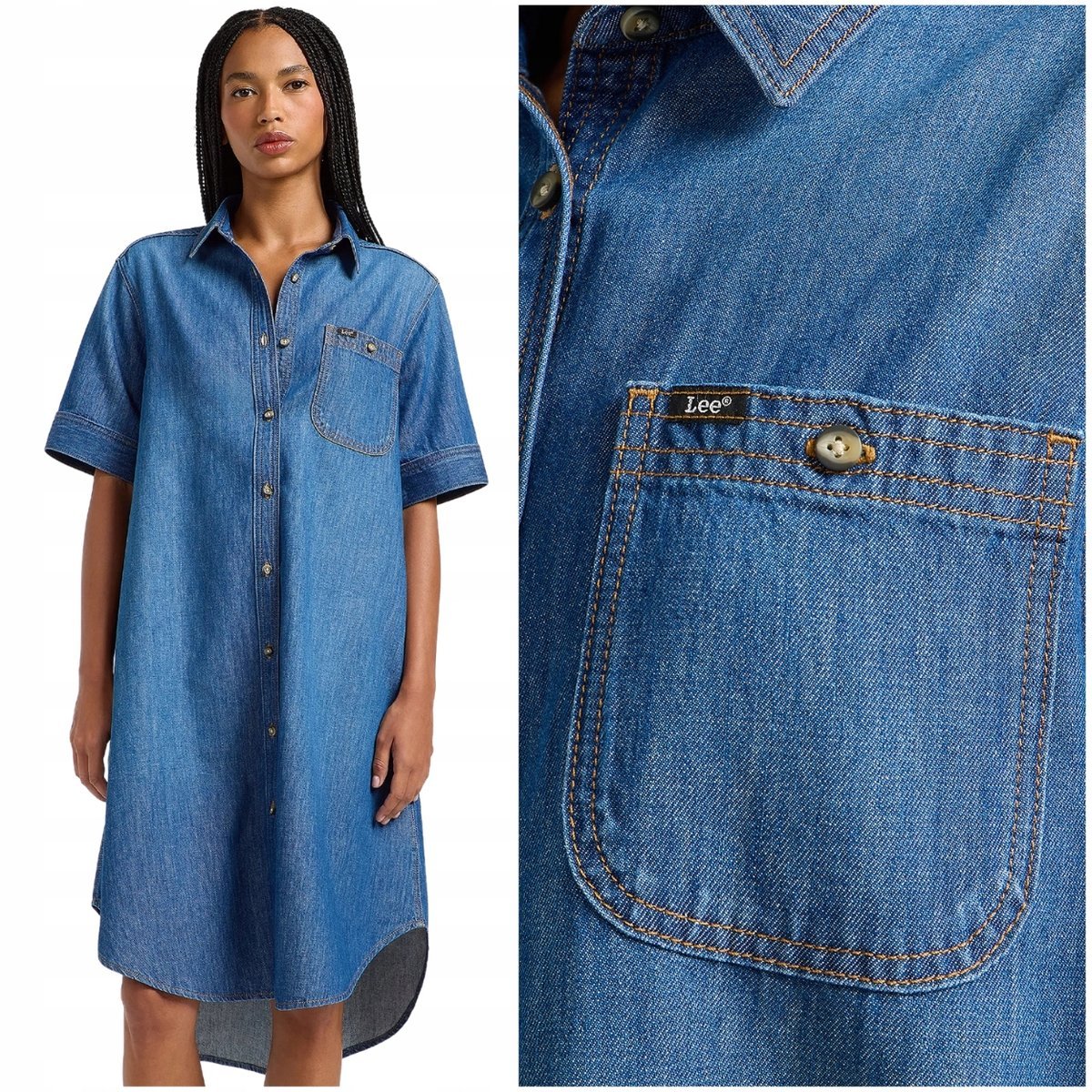Lee ALL PURPOSE A-LINE DRESS luźna jeansowa sukienka krótki rękaw S