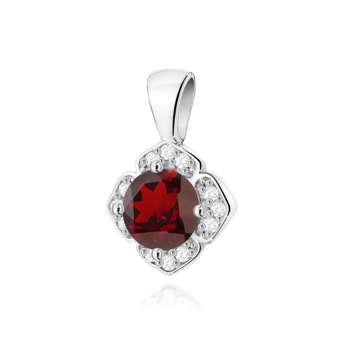 Okragła zawieszka 585 z białego złota okrągły granat z brylantami 0.5g