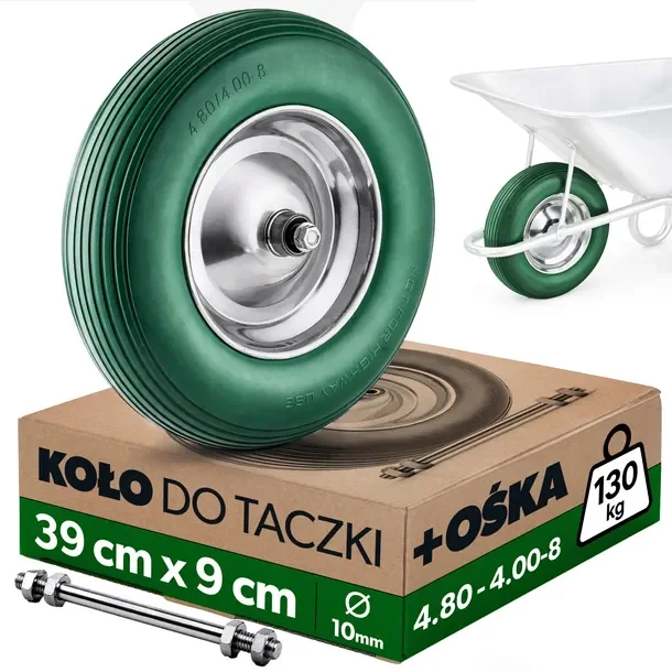 Koło Do Taczki 390x90 Mm 4.80/4.00-8 + Oś Wózka Pełne Piankowe Bezdętkowe