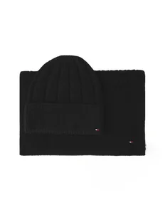 Tommy Hilfiger Zestaw Szalik i Czapka Flag Fluffy AW0AW17994 Czarny - Czapki damskie - miniaturka - grafika 1