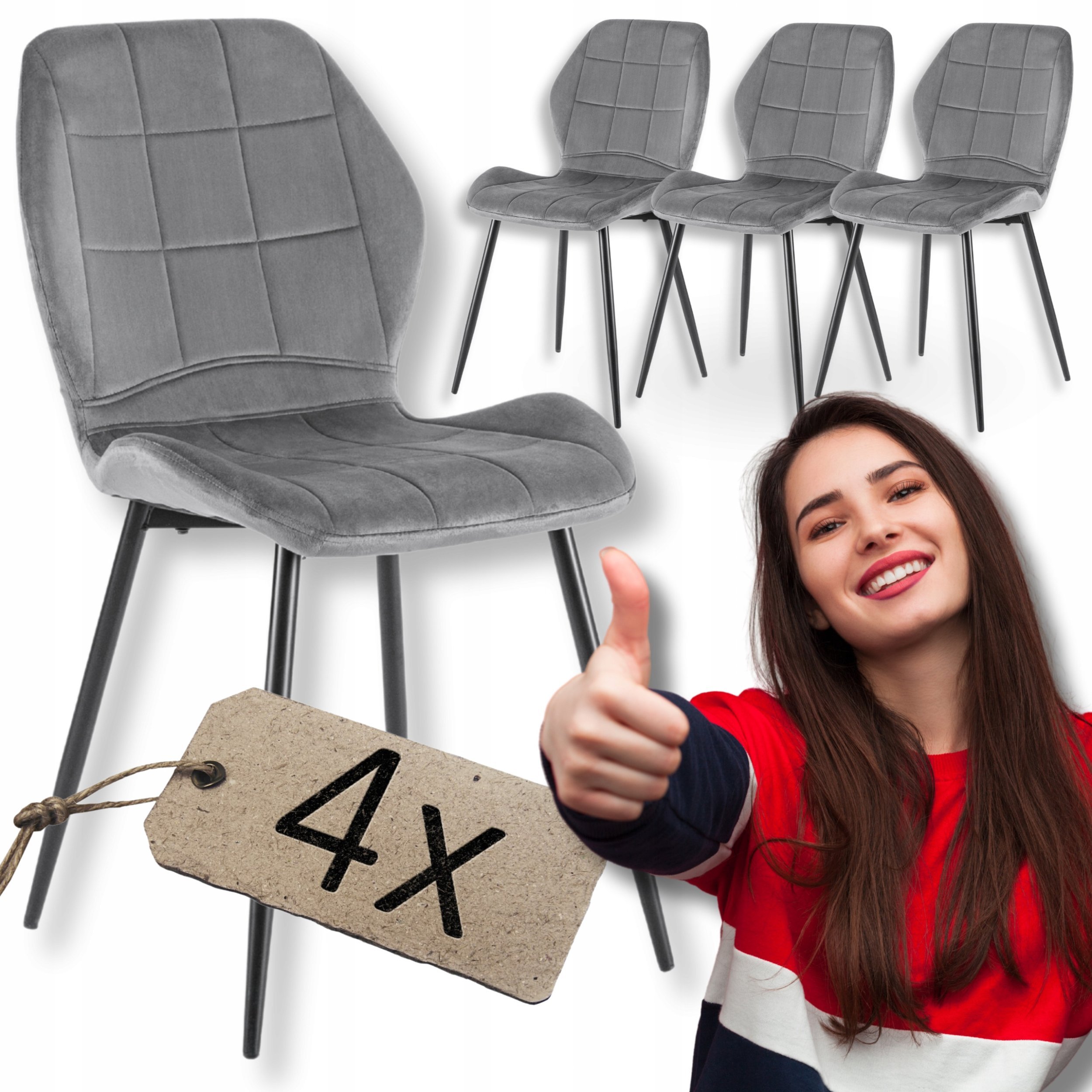 Zestaw Krzesło Tapicerowane Welur Szare Do Jadalni Salonu Kuchenne IRYS 4x