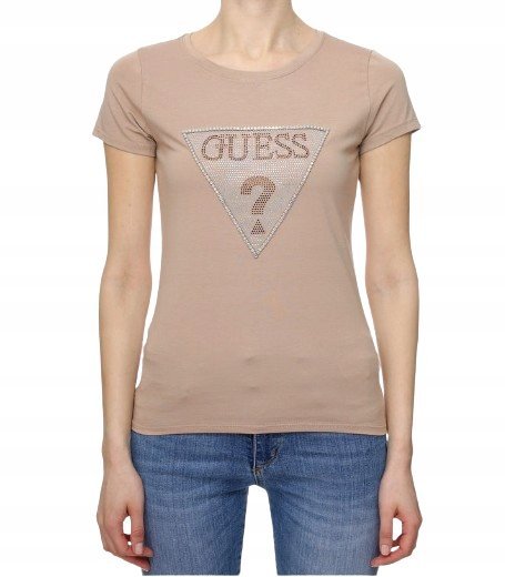GUESS BEŻOWY T-SHIRT DAMSKI Z CEKINOWYM LOGO I OKRĄGŁYM DEKOLTEM L GNA
