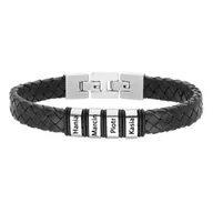 Bransoletki - Srebrne przekładki na czarnej plecionej skórze bransoletka z imionami dzieci na prezent dla taty - Manoki - miniaturka - grafika 1