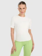 Koszulki sportowe damskie - 4F Koszulka treningowa slim szybkoschnąca damska - beżowa L - miniaturka - grafika 1