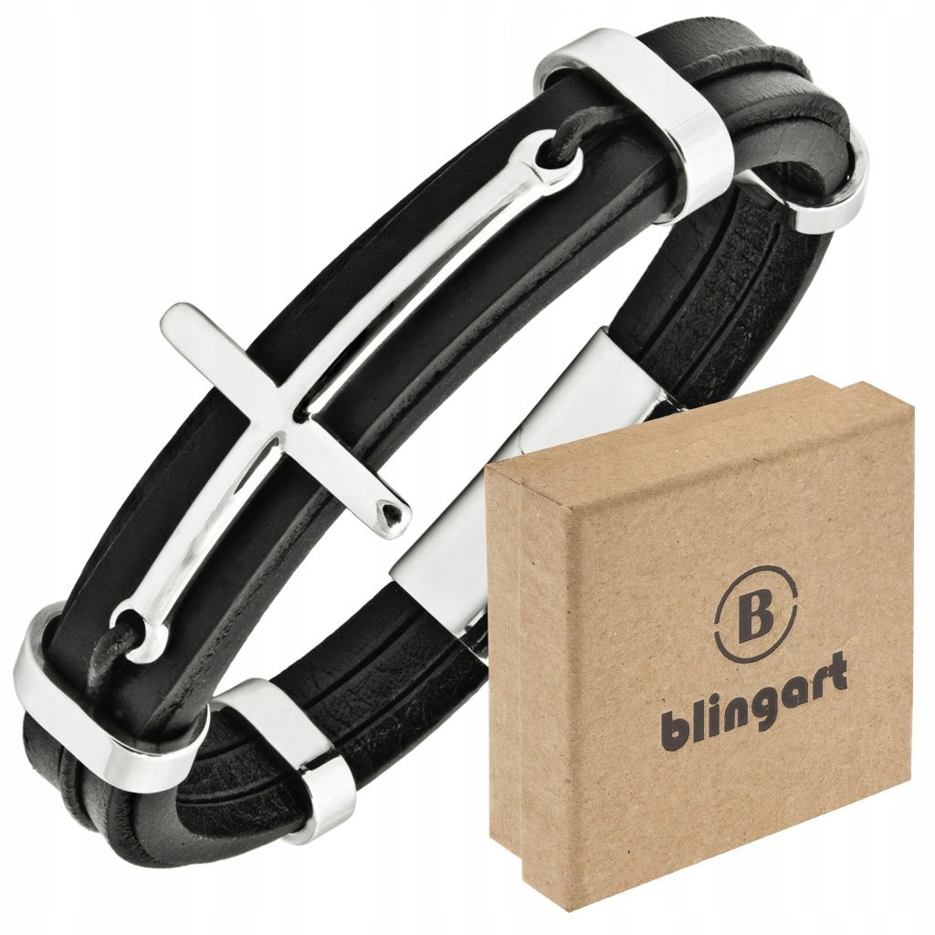 Bransoletka skórzana DAMSKA KRZYŻ krzyżyk STAL chirurgiczna 316L skóra