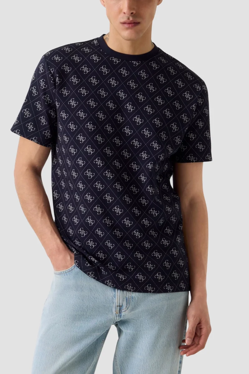 GUESS Granatowy męski t-shirt w monogram Jacquard 4G Knit XXL