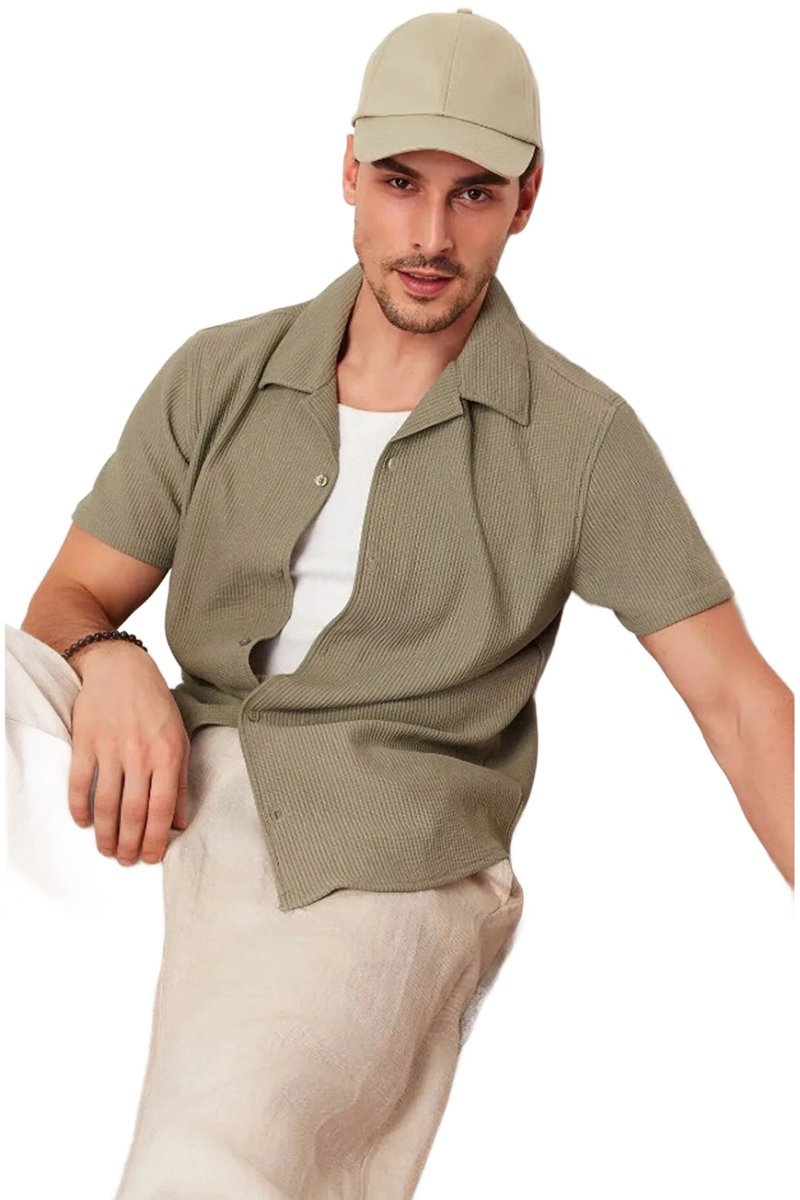TRENDYOL MAN KOSZULA MĘSKA CASUAL KRÓTKI RĘKAW Z FAKTURĄ KHAKI XXL 5DA
