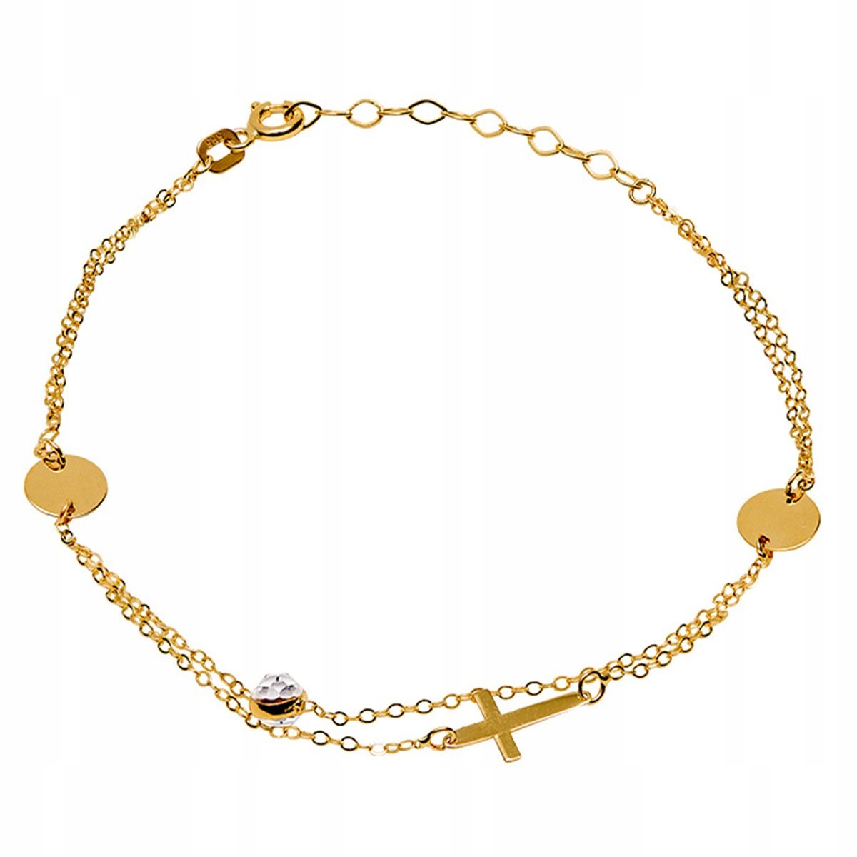 Złota podwójna bransoletka 585 z krzyżykiem blaszkami i cyrkonią na prezent