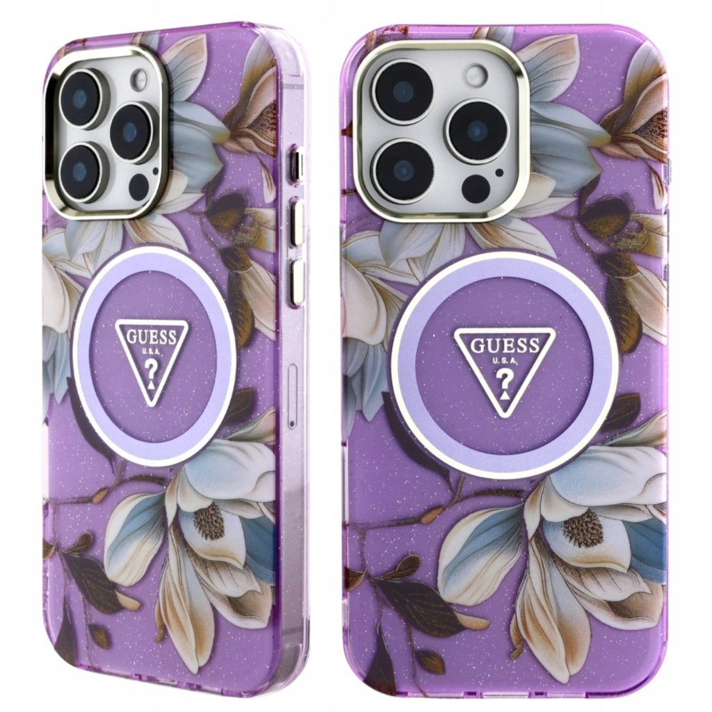 Guess Etui Glitter Flowers Triangle Buttons do MagSafe do iPhone 16 Pro Max, fioletowe z kwiecistym wzorem