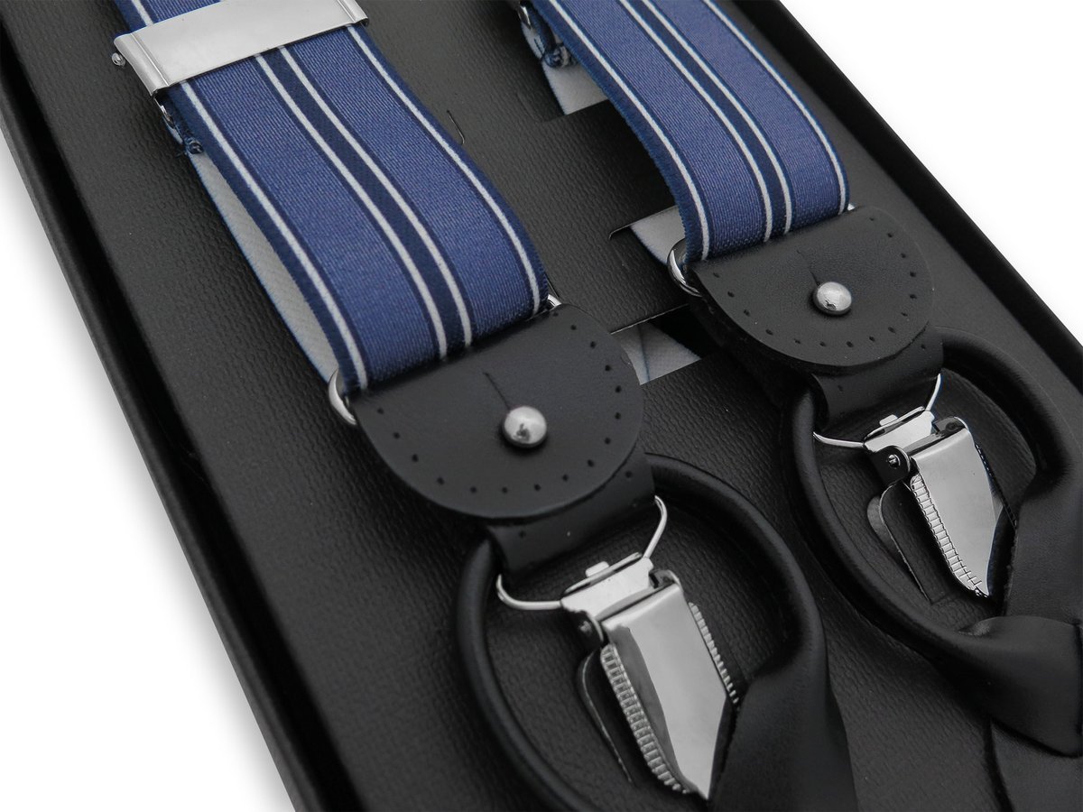 Szaroniebieskie szelki do spodni na guziki - pionowe paski G80