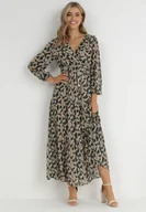 Sukienki - Zielono-Czarna Sukienka Kopertowa z Gumką w Talii Moshei - miniaturka - grafika 1