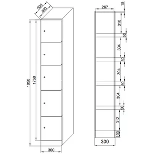 Szafka ubraniowa ze schowkami, 5 schowków, 1850 x 300 x 500 mm, zamek elektroniczny na kod, drzwi ciemnoszare - Szafki biurowe - miniaturka - grafika 3