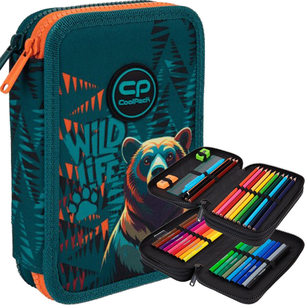 COOLPACK PIÓRNIK SZKOLNY DWUKOMOROWY Z WYPOSAŻENIEM KREDKI BEAR