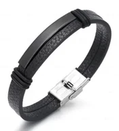 Bransolety męskie - Bransoletka męska skórzana czarna stal czarna 21cm - miniaturka - grafika 1
