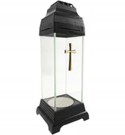 Lampiony i znicze - Znicz na grób mała kapliczka lampion szklany czarny z krzyżem złotym 25cm - miniaturka - grafika 1