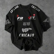 Bluzki damskie - TEMU T-shirt z nadrukiem „CHICAGO” w czarnej kolorze z krótkim rękawem - logo „FR”, wzór „98”, wzór w kratkę, codzienny styl na każdą porę roku, - miniaturka - grafika 1