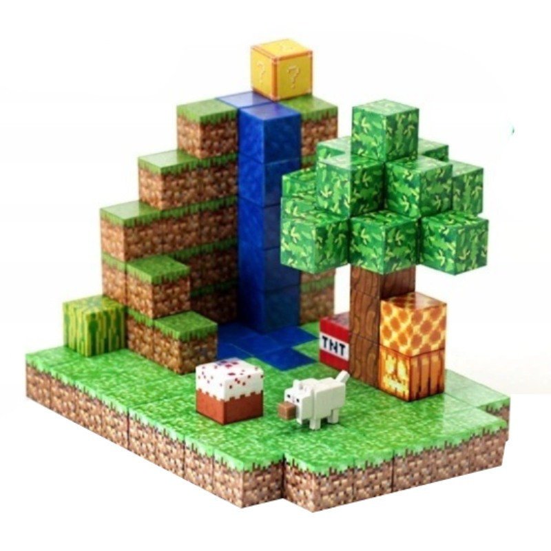 Klocki Magnetyczne, Klocki Konstrukcyjne 128 szt. Pełna Sceneria! - 8 magnesów - T059 - Polana z Wodospadem