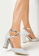 Czółenka - Srebrne Czółenka na Słupku ze Sprzączką i Brokatem Attie - miniaturka - grafika 1