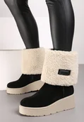Botki damskie - Czarne Botki na Koturnie z Futerkiem Typu Baranek Asnora - miniaturka - grafika 1