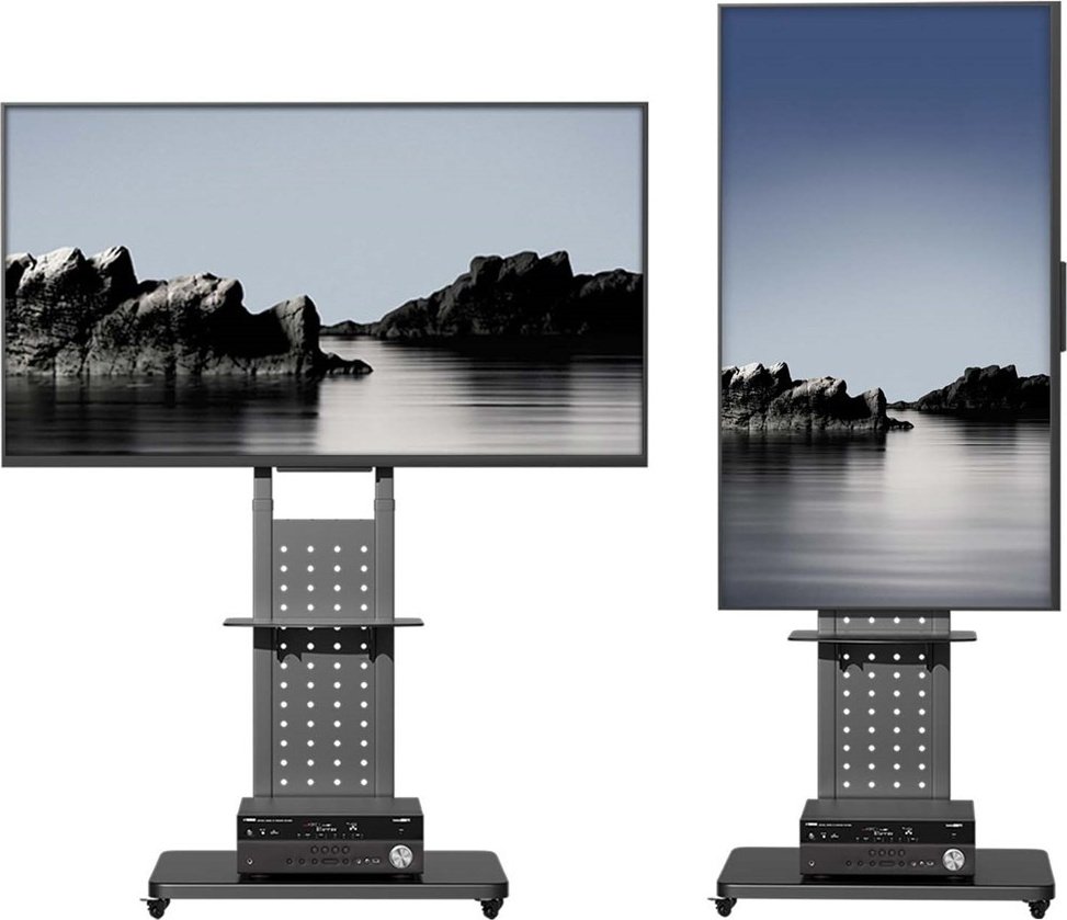 Stojak podłogowy WISFOR TV Stojak TV na kółkach, obracany o 90°, z regulacją wysokości, z 2 półkami na telewizory o przekątnej od 32