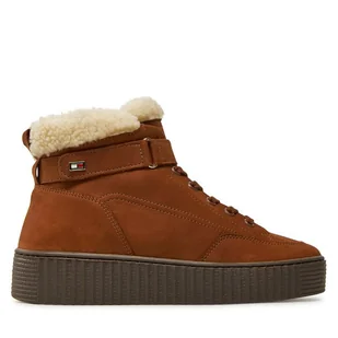 Botki Tommy Hilfiger Faux Fur Nubuck Low Lace-Up FW0FW08172 Brązowy - Botki damskie - miniaturka - grafika 1