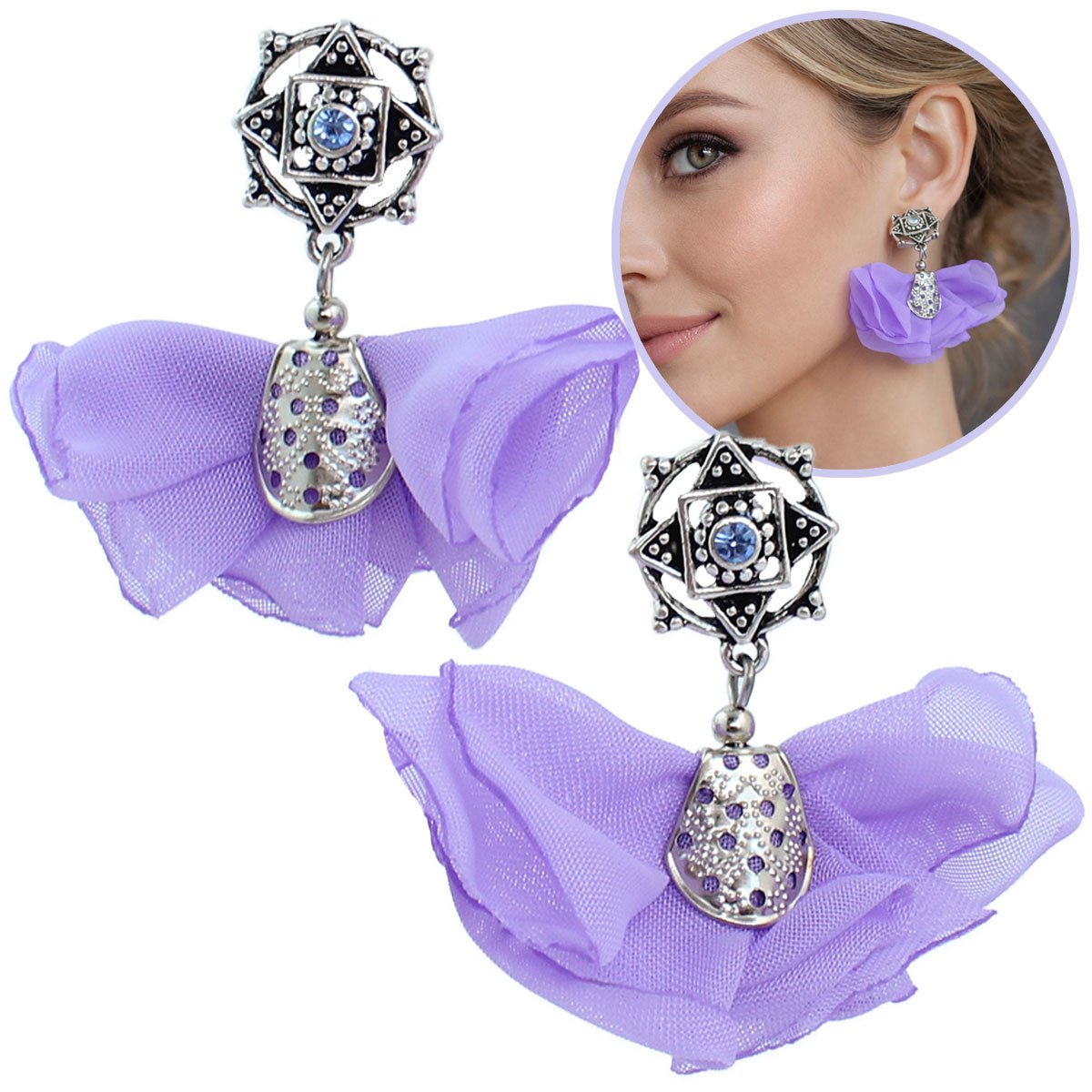 Kolczyki Kwiaty Wiszące Lawendowe Sztyfty Lekkie Boho