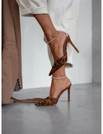 Czółenka - Wysokie szpilki z ozdobnym łańcuszkiem - panterka - miniaturka - grafika 1