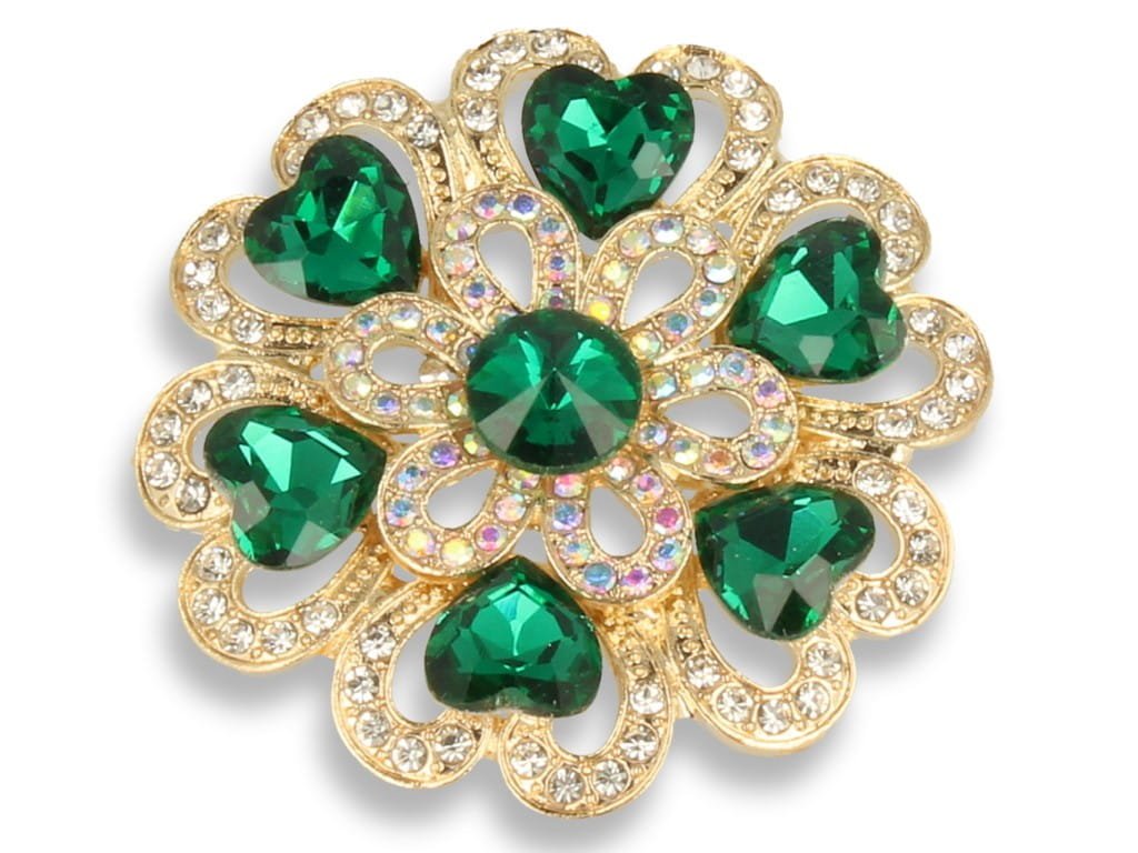 Broszka Damska Złota Z Kamieniami W Kolorze Ciemnozielonym
