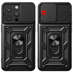 Etui pancerne do iPhone 15 Pro Max Camshield Case Ring Alogy Stand z osłonką na aparat slide czarne + Szkło - Części i akcesoria do laptopów - miniaturka - grafika 1