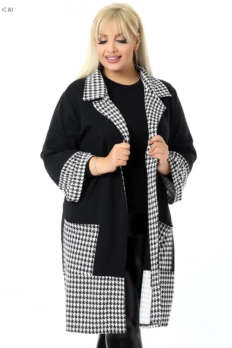 SWETER DŁUGI CZARNY Z PEPITKOWYMI WSTAWKAMI 48/50 5IA