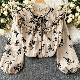 TEMU Bluzka Damska - Elegancka Koszula w Kwiaty z Beżowo-Czarnej Wersji, Długi Rękaw na Styl Casual i Formalny, Pranie Maszynowe, Bez Elastyczności, - Koszule damskie - miniaturka - grafika 1