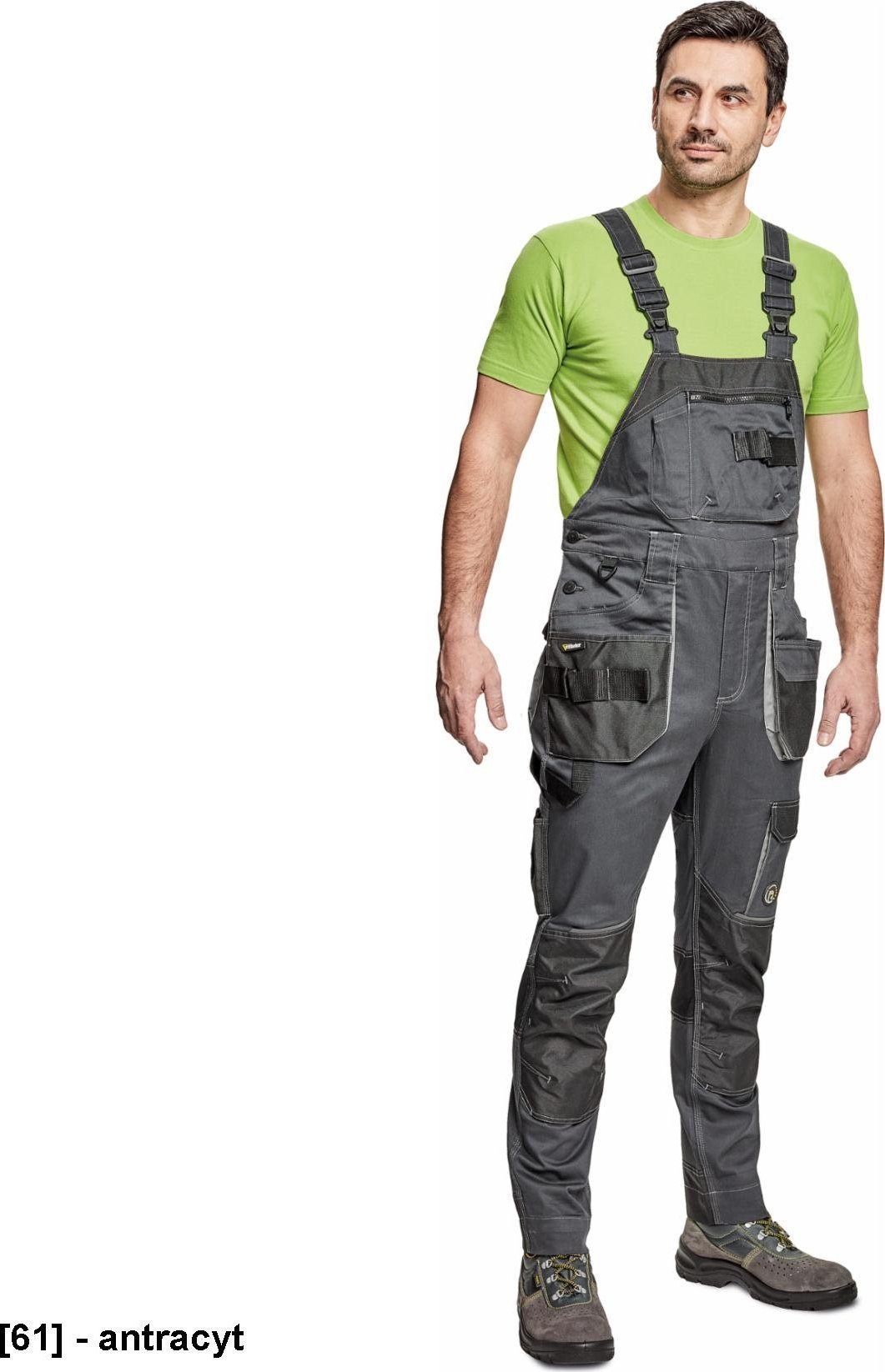 CERVA DAYBORO ogrodniczki - męskie ogrodniczki robocze, odblaskowe elementy, 62% bawełna, 32% poliester, 3% spandex - antracyt 60