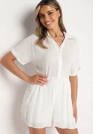 Kombinezony - Biały Wiskozowy Kombinezon z Koszulową Górą Zapinany na Guziki z Krótkimi Spodniami Vikota - miniaturka - grafika 1