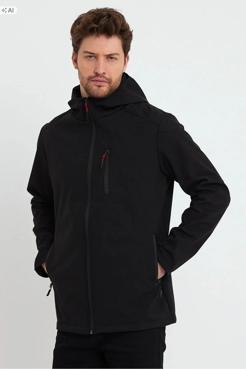 MĘSKA KURTKA SOFTSHELL Z KAPTUREM CZARNA SPORTOWA M 5IA